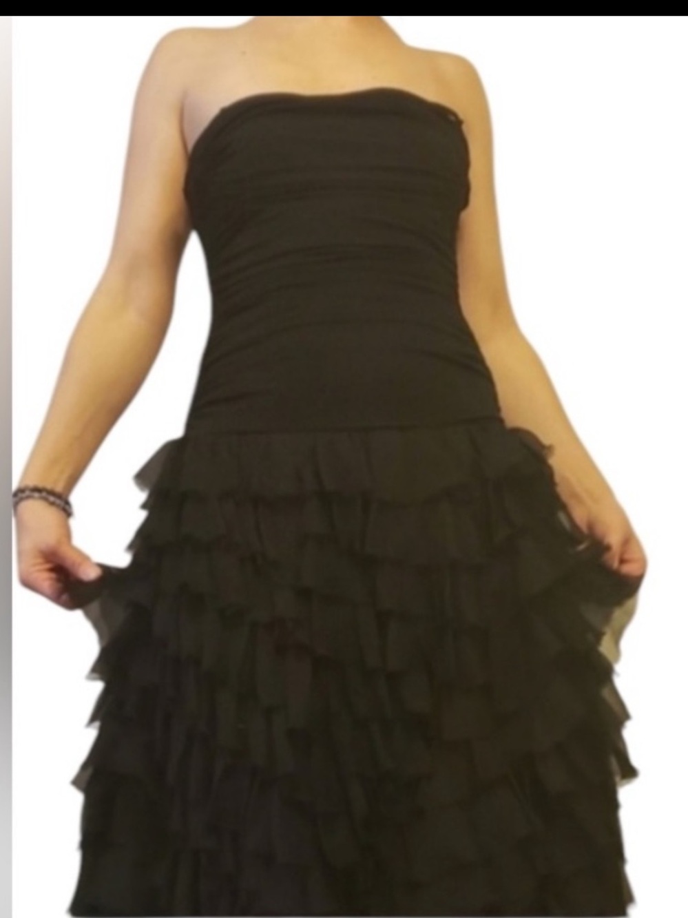 BCBG MaxAzria strapless silk fringe gown
